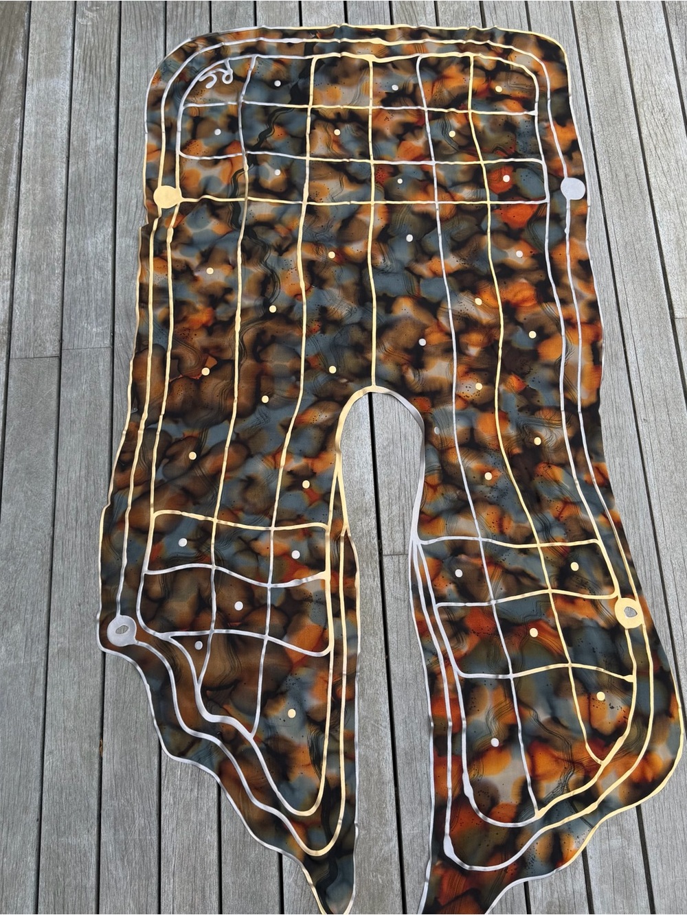 Abstract Hand-Painted Silk Scarf Brown Black and Gold Oversized Sheer Artist Sig